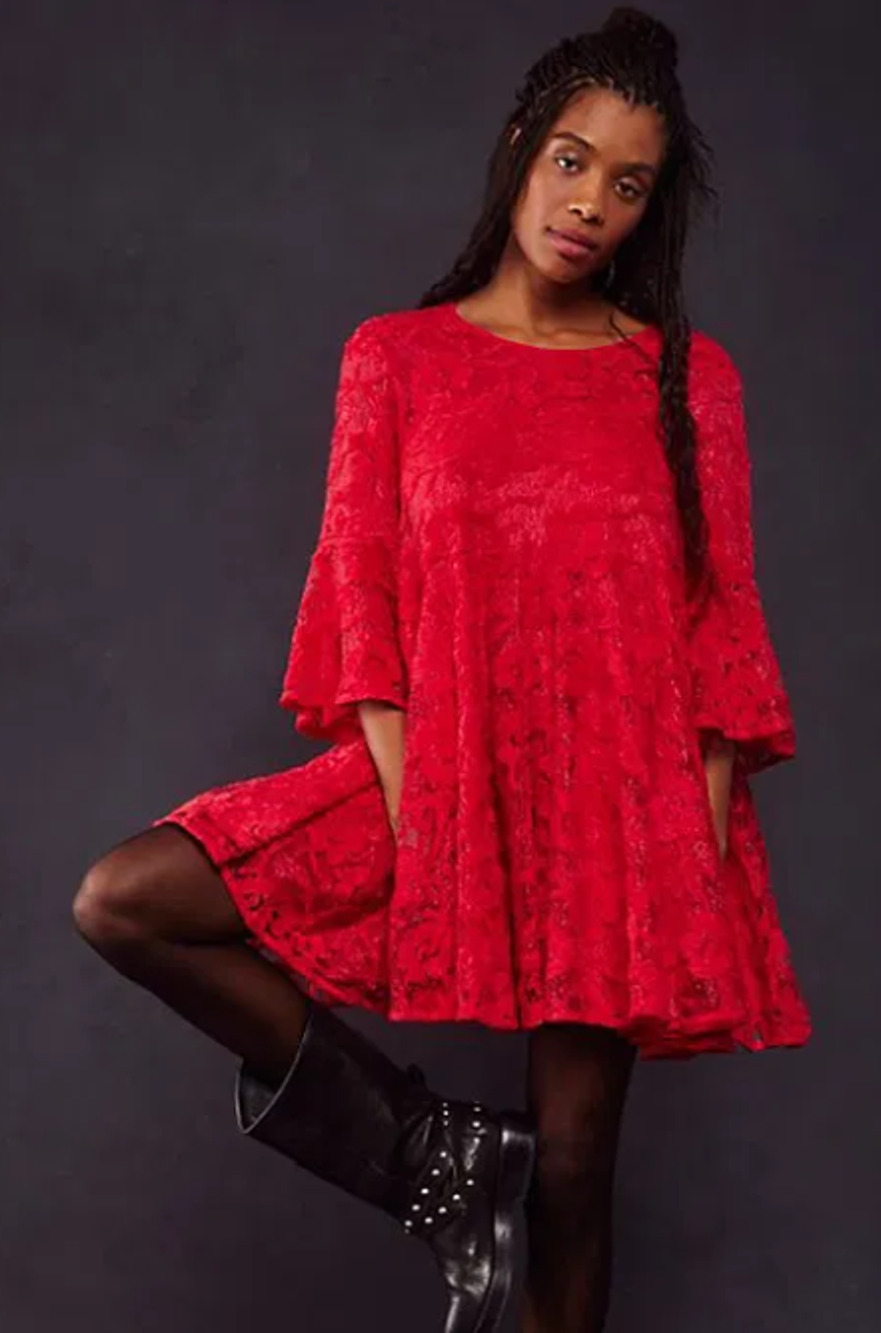 Free People LE FLEUR Lace Babydoll Swing Holiday Party Dress Red XS NWT $198
